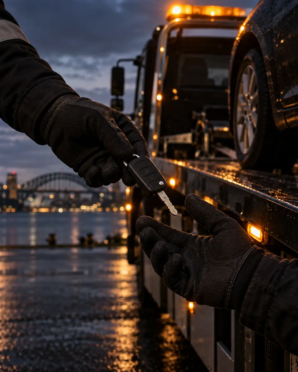 Car key being handed back to a customer beside the tow truck at the end of a job